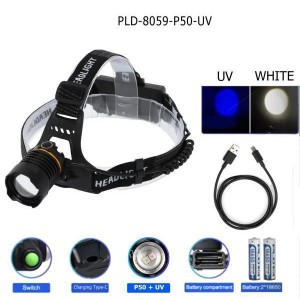Ліхтар налобний PLD-8059-P50+UV, 2x18650, ЗУ Type-C, zoom, Box