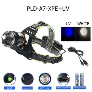 Ліхтар налобний PLD-A7-XPE+UV, 2x18650, ЗУ microUSB, zoom, Box