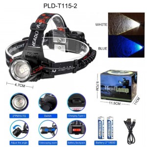 Ліхтар налобний PLD-T115-2PM10-TG(white+blue), 2x18650, ЗУ Type-C, zoom, Box