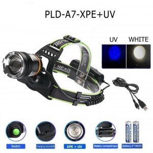 Ліхтар налобний PLD-A7-XPE+UV, 2x18650, ЗУ microUSB, zoom, Box Ліхтар налобний PLD-A7-XPE+UV, 2x18650, ЗУ microUSB, zoom, Box