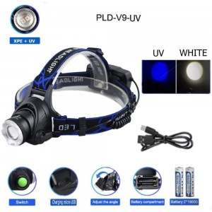 Ліхтар налобний V9-XPE+UV, 2x18650, ЗУ microUSB, zoom, Box Ліхтар налобний V9-XPE+UV, 2x18650, ЗУ microUSB, zoom, Box