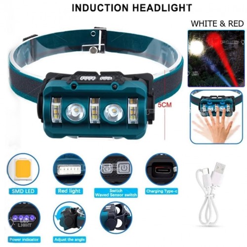 Ліхтар налобний W-6112A-2XPE+12SMD+6SMD(white+red), Motion Sensor, Li-Ion акумулятор, індикація заряду, ЗУ Type-C, Box