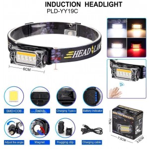 Ліхтар налобний YY-19С-5SMD+COB(white+yellow+red), Motion Sensor, Li-Ion акумулятор, ЗУ Type-C, магніт, Box