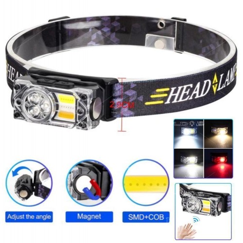 Ліхтар налобний YY-19B-3SMD+2COB(white+yellow+red), Motion Sensor, Li-Ion акумулятор, ЗУ Type-C, магніт, Box