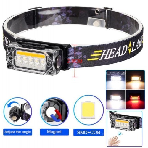 Ліхтар налобний YY-19С-5SMD+COB(white+yellow+red), Motion Sensor, Li-Ion акумулятор, ЗП Type-C, магніт, Box
