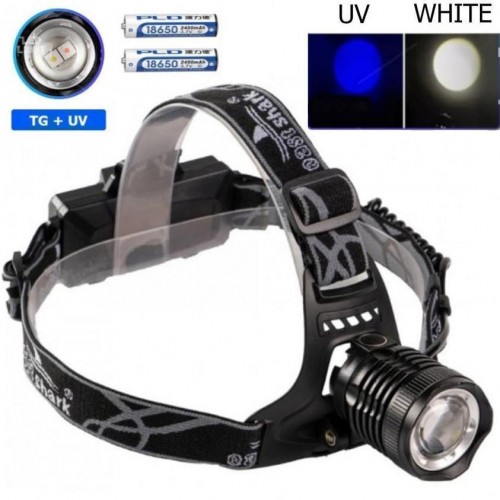 Ліхтар налобний PLD-8055-2PM10-2TG(WHITE+UV), 2x18650, ЗУ Type-C, zoom, Box