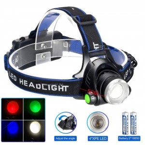 Ліхтар налобний PLD-V9-F-4XPE (WHITE+RED+BLUE+GREEN), 2x18650, ЗП Type-C, zoom, Box