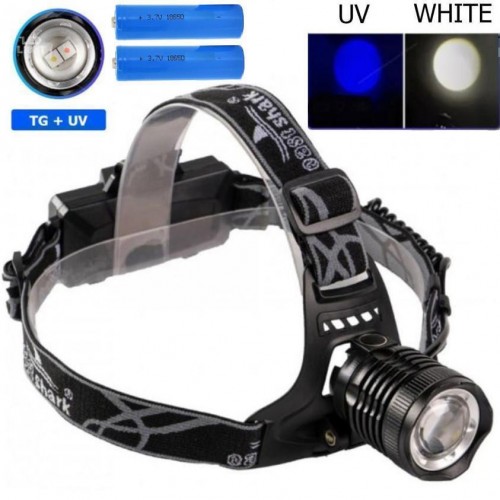 Ліхтар налобний PLD-8055-2PM10-2TG(WHITE+UV), 2x18650, ЗУ Type-C, zoom, Box