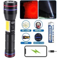 Ліхтар PLD-231 WHITE LASER LED PM10-TG+COB(white+red), 1х18650, power bank, індикація заряду, ЗП Type-C, магніт, zoom, Box