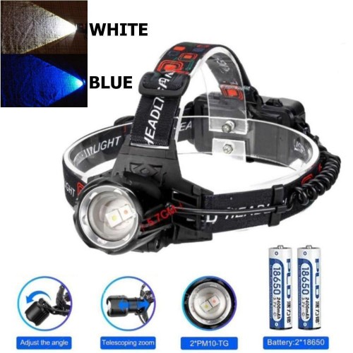 Ліхтар налобний PLD-T115-2PM10-TG(white+blue), 2x18650, ЗУ Type-C, zoom, Box
