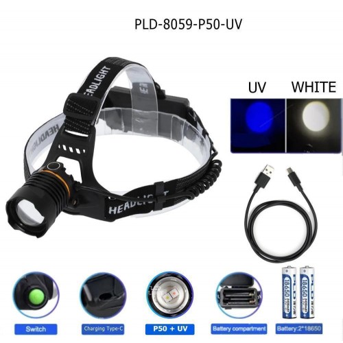 Ліхтар налобний PLD-8059-P50+UV, 2x18650, ЗУ Type-C, zoom, Box