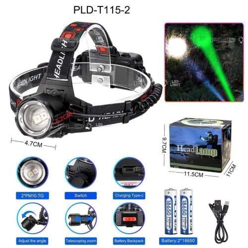Ліхтар налобний PLD-T115-2PM10-TG(white+green), 2x18650, ЗУ Type-C, zoom, Box