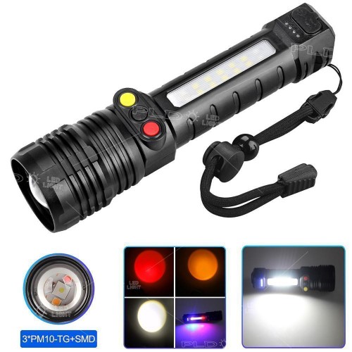 Ліхтар PLD-H005-3PM10-TG(White+Yellow+Red)+14SMD,  Li-Ion акум., індикація заряду, ЗП Type-C, zoom, Box