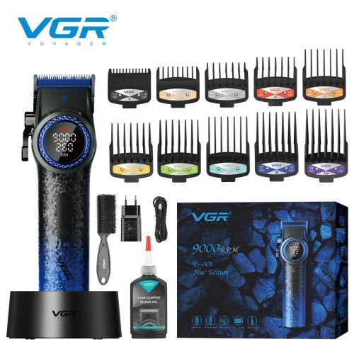 Акумуляторна машинка для стриження (clipper) VGR V-001 BLUE, 10 насадок, 9000 RPM, 4600 mAh, LED light, LED display