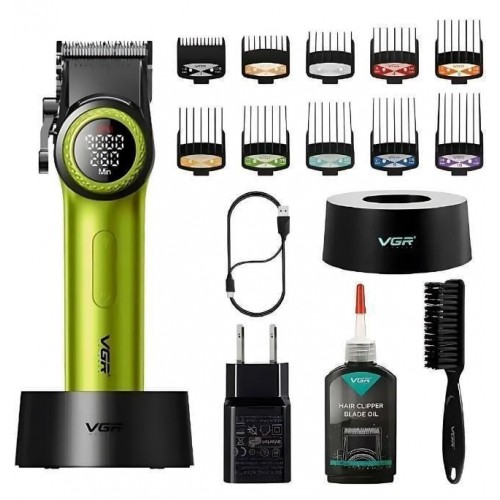 Акумуляторна машинка для стриження (clipper) VGR V-001 GREEN, 10 насадок, 9000 RPM, 4600 mAh, LED light, LED display