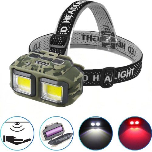 Ліхтар налобний HX-M816S-2COB(White+Red) camouflage, Motion Sensor, Waterproof, 1x18650, ЗП Type-C, Box