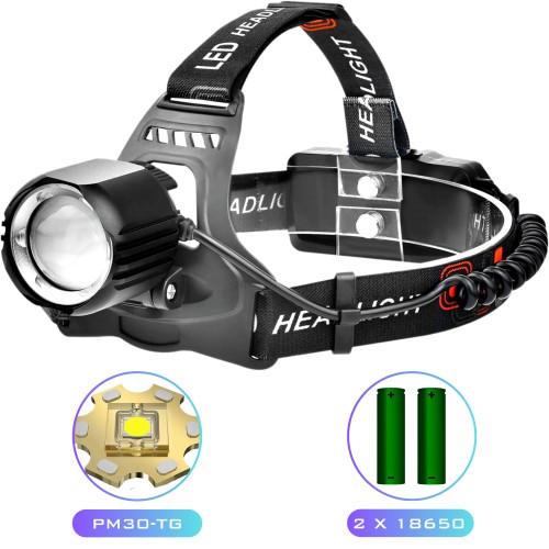 Ліхтар налобний PLD-T115-PM30-TG, 2x18650, ЗП Type-C, zoom, Box