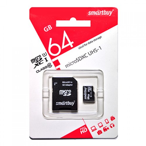 micro SDHC (UHS-1) карта памяти Smartbuy 64GB Class 10 (с адаптером SD)