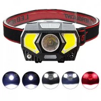 Фонарь налобный W-7707/JQ-2201-XPE-2COB(red)+ 1LED(blue) датчик движения, вело крепление, ЗУ micro USB, аккум.
