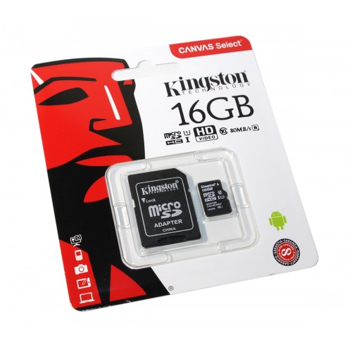 Карта памяти micro SDHC Kingston Canvas Select 16GB UHS-I class 10 (с адаптером)
