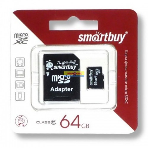 Карта памяти micro SDXC  Smartbuy 64GB Class 10 с адаптером SD