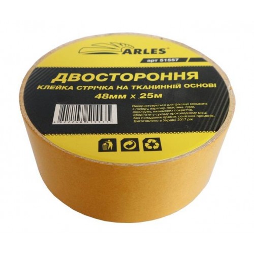 Лента клейкая 2-х сторон. основа ткань 48мм х 25м, Arles (1/36)