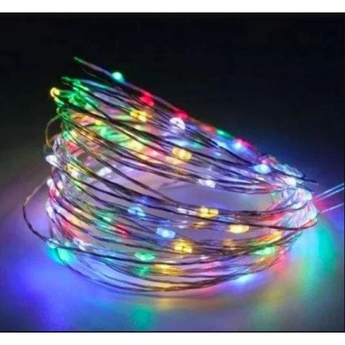 Гирлянда медная проволока (RD7110) 100LED, 10м., блок питания 5В, провод, 220V, Серебряный провод, RGB