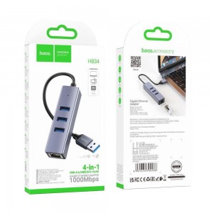 Хаб USB Hoco HB34 Easy link Gigabit Ethernet adapter(USB to USB3.0*3+RJ45)