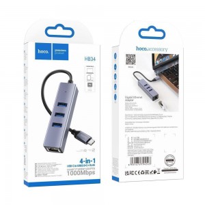 Хаб USB Hoco HB34 Easy link Gigabit Ethernet adapter(Type C to USB3.0*3+RJ45)