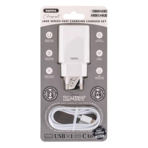 Мережевий Зарядний Пристрій Remax RP-U37 QC + PD 18W Lightning to Type-C Мят.упак.