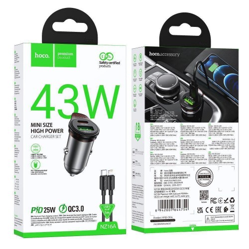 Автомобільний Зарядний Пристрій Hoco NZ16A 1USB-C/1USB QC/PD43W+Type-C to Lightning