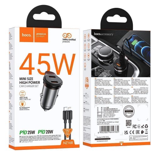 Автомобільний Зарядний Пристрій Hoco NZ16B 2USB-C QC/PD45W+Type-C to Lightning