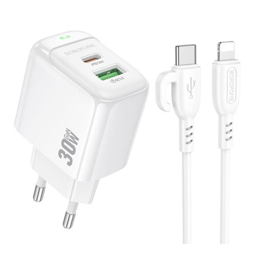 Мережевий Зарядний Пристрій Borofone BAS45A 1USB-C/1USB PD/QC 30W+Type-C to Lightning
