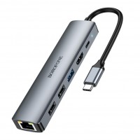 Хаб USB Borofone DH16 6-в-1 Type-C to HDMI+PD+USB3.0+USB2.0*2+RJ45(L=0.15M) Хаб USB Borofone DH16 6-в-1 Type-C to HDMI+PD+USB3.0+USB2.0*2+RJ45(L=0.15M)