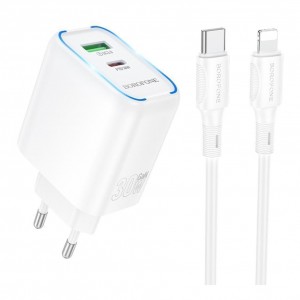 Мережевий Зарядний Пристрій Borofone BA89A 1USB-C/1USB PD/QC 30W+Type-C to Lightning