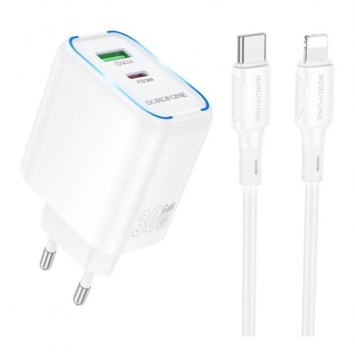 Мережевий Зарядний Пристрій Borofone BA89A 1USB-C/1USB PD/QC 30W+Type-C to Lightning