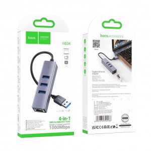 Хаб USB Hoco HB34 Easy link Gigabit Ethernet adapter(USB to USB3.0*3+RJ45) М'ята упаковка