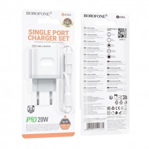 Мережевий Зарядний Пристрій Borofone BA99A 1USB-C PD/QC 20W+Type-C to Lightning