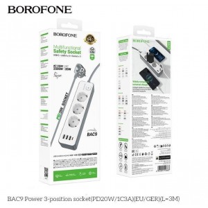 Мережевий Подовжувач Borofone BAC9 (PD20W/1C3A)(EU)(L=3M) М'ята упаковка Мережевий Подовжувач Borofone BAC9 (PD20W/1C3A)(EU)(L=3M) М'ята упаковка