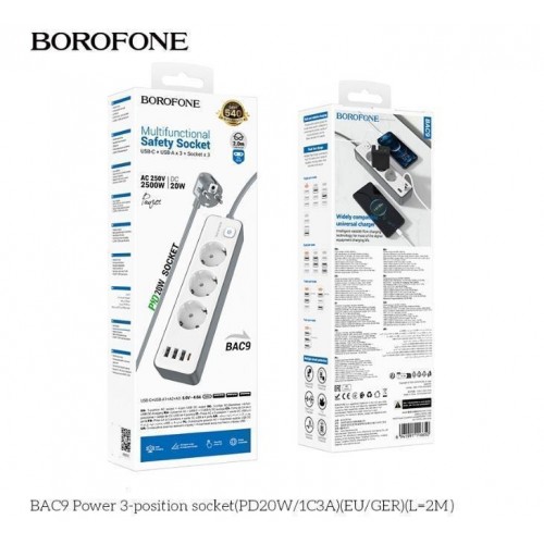 Мережевий Подовжувач Borofone BAC9 (PD20W/1C3A)(EU)(L=2M) М'ята упаковка