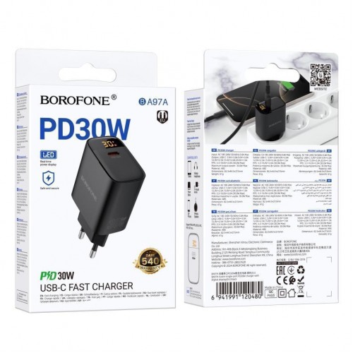 Мережевий Зарядний Пристрій Borofone BA97A 1USB-C PD/QC 30W Led Display М'ята упаковка