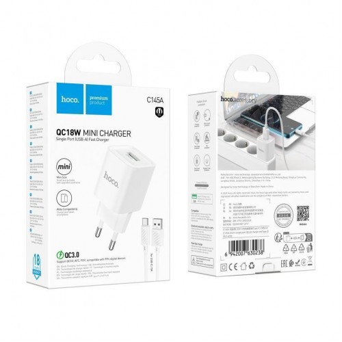 Мережевий Зарядний Пристрій Hoco C145A 1USB QC 18W+USB to Type-C М'ята упаковка