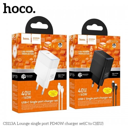 Мережевий Зарядний Пристрій Hoco CS113A 1USB-C PD3.2 40W/60W+Type-C to Type-C