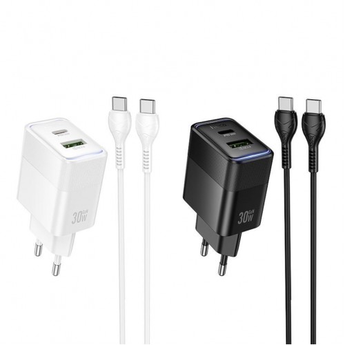 Сетевое Зарядное Устройство Hoco CS112A 1USB/1USB-C QC/PD 30W+Type-C to Type-C