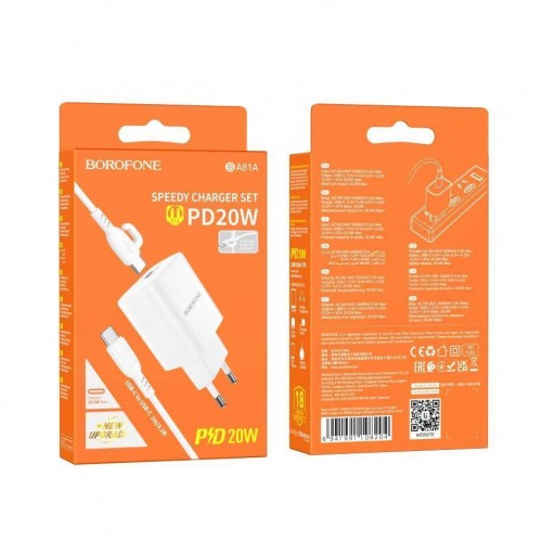 Мережевий Зарядний Пристрій Borofone BA81A 1USB-C PD/QC 20W+Type-C to Type-C М'ята упаковка
