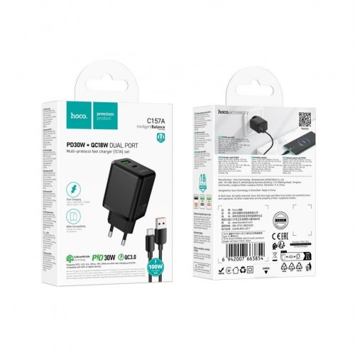 Мережевий Зарядний Пристрій Hoco C157A 1USB-C/1USB Multi-Protocol 30W+USB to Type-C