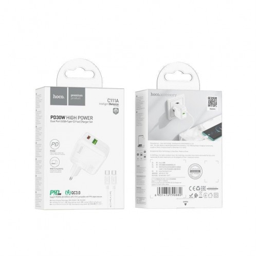 Мережевий Зарядний Пристрій Hoco C111A Lucky PD30W+QC3.0 Type-C to Type-C
