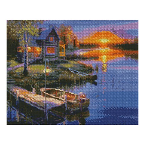 Алмазная мозаика Strateg «Домик у реки на закате», 40х50 см